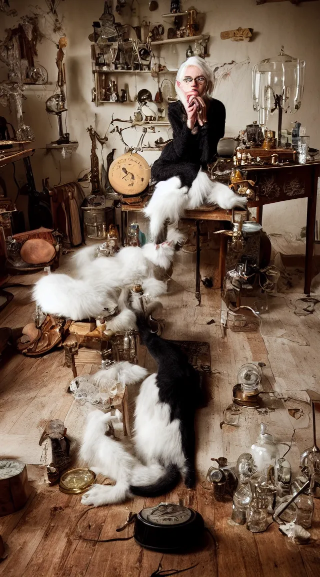 Image similar to full body protrait beautifull witch with white hair in old room. A cristal ball on a wood table with a potions and old instruments. A cat on the floor licking his paw. photorealistic, profesional photo, by Steve McCurry