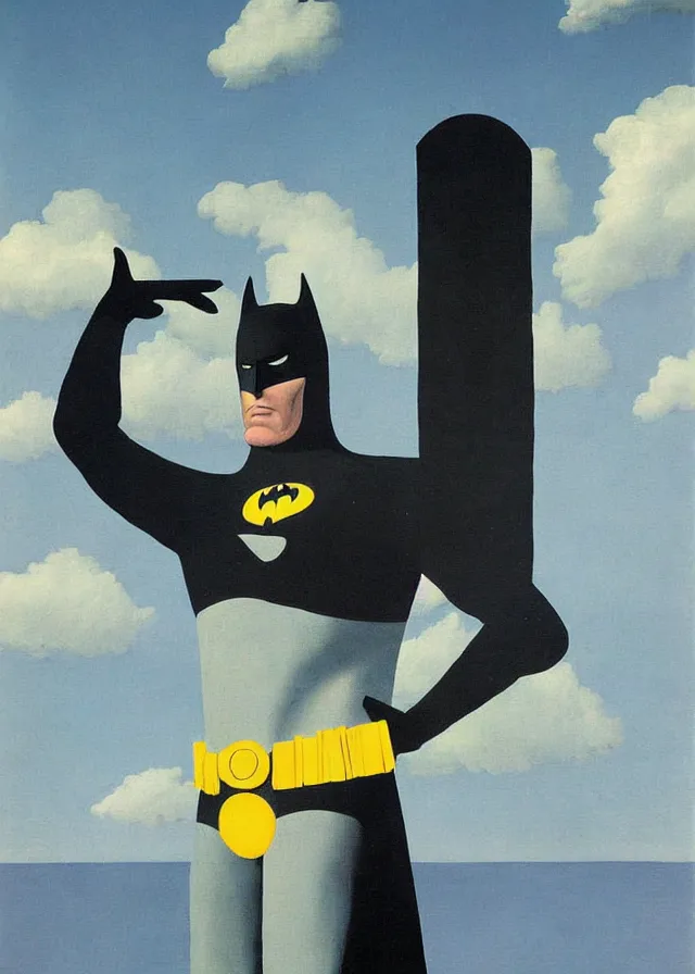 Prompt: surreal painting of batman by rene magritte