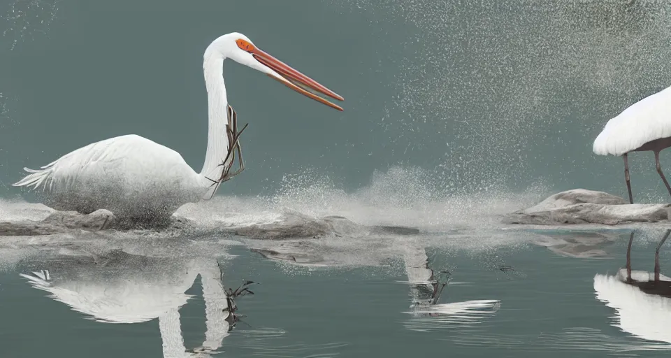 Prompt: A beautiful hyper realistic ultra detailed lifelike matte painting of a stork in a lake, reef, water reflection, unreal engine, deviantart, flickr, artstation, octane render, textured, colorful, extreme realistic detail, physically based rendering, pbr render, very detailed, volumetric lighting, detailed lighting, octane render, 4k, cinematic lighting, 8k resolution