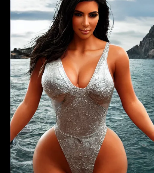 Prompt: professional photo of kim kardashian wearing a hooters uniform, posed by a lake, intricate, elegant, highly detailed, smooth, sharp focus, by maxim magazine