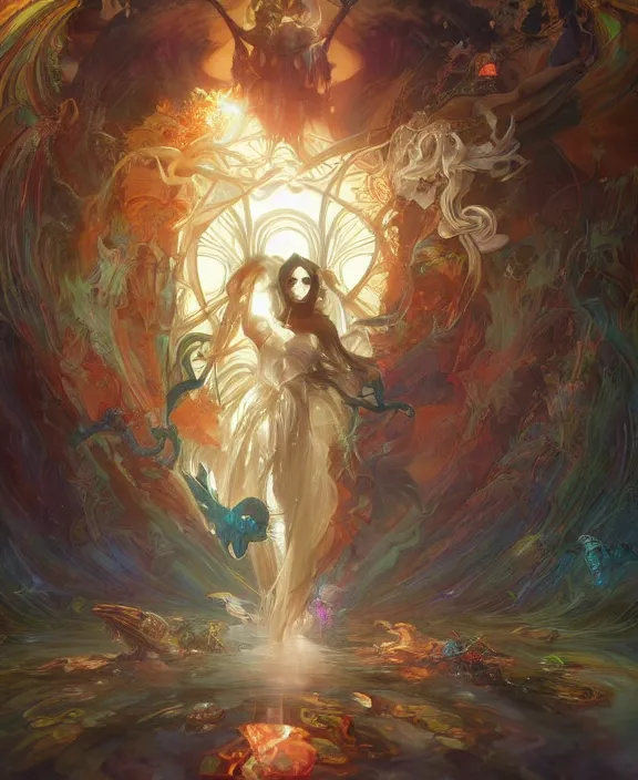 Image similar to a whirlwind of souls rushing inside the metaverse, half body, glowin eyes, insect, lizard, d & d, fantasy, intricate, elegant, highly detailed, colorful, vivid color, digital painting, artstation, concept art, art by artgerm and greg rutkowski and alphonse mucha and ruan jia