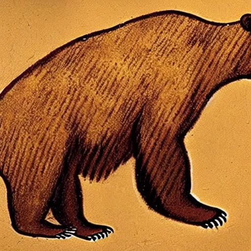 Prompt: paleolithic cave painting of anthropomorphic bear