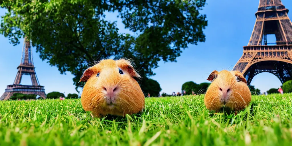 Prompt: a guinea pig sitting in the grass in front of the eiffel tower, smiling, photorealism, wide angle shot, 4 k