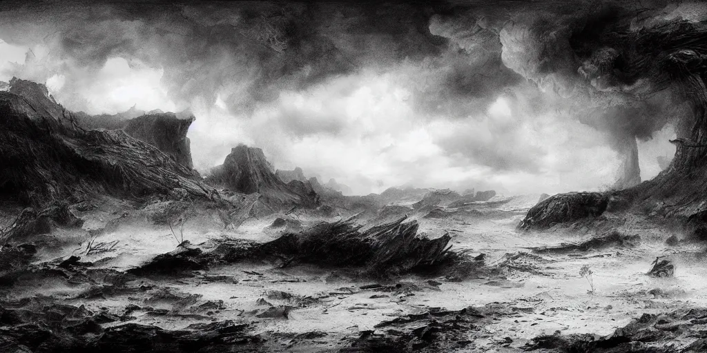 Prompt: in the raging storm, prehistoric landscape, drawn by christan delort and jean gireaud, graphic black and white, low camera, wide angle, centered composition, golden ratio