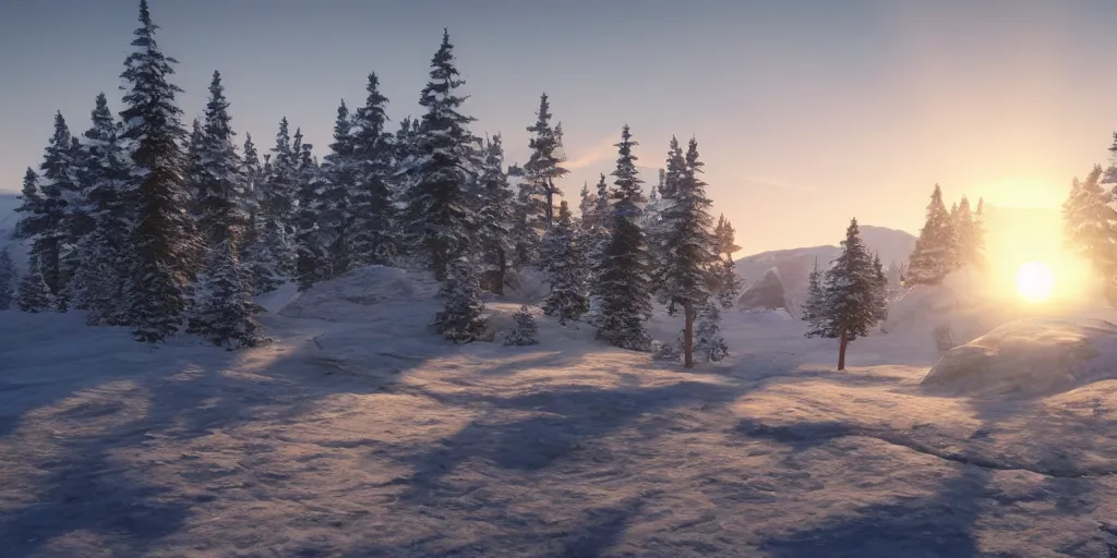 Image similar to a beautiful landscape, sun rises between two snowy mountains, 3 d artwork by phillipp urlich, unreal engine 5, extremely detailed, hyper realism