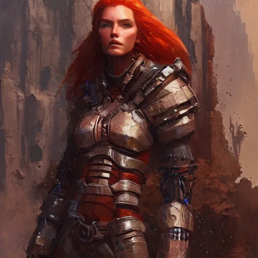 Image similar to a rustic woman wearing futuristic armor, detailed face, redhead, by greg rutkowski, mandy jurgens