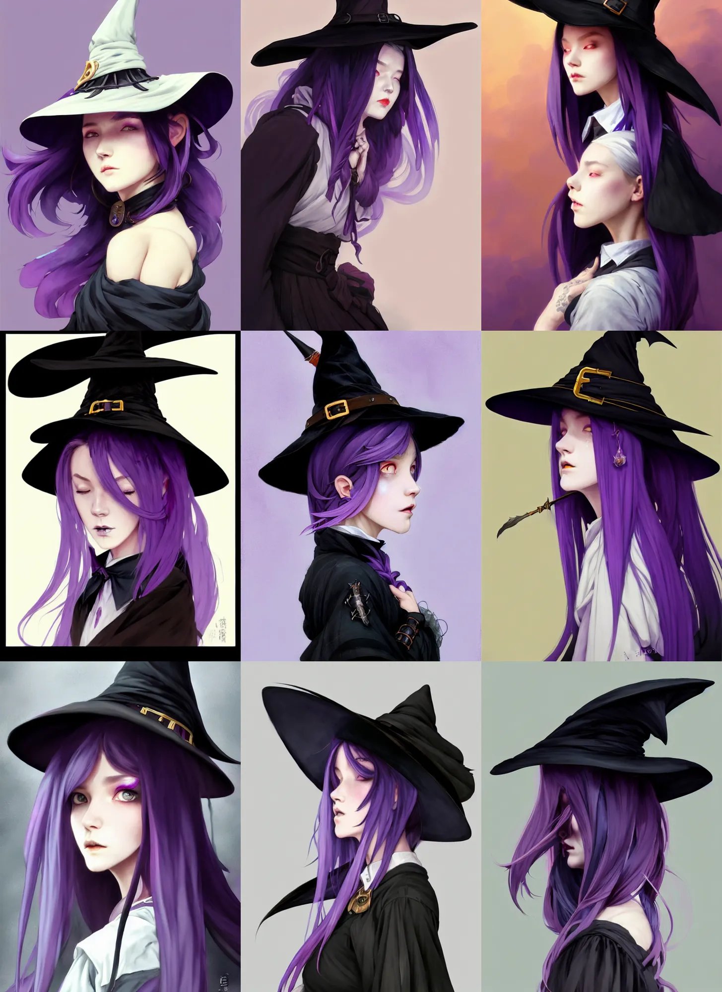 Prompt: side portrait of a rugged girl witch wearing magic school uniform, large wide - brimmed witch hat, cinematic, black to purple fade hair color, elaborate, elegant, masterpiece, illustration, digital painting, concept art, trending on artstation, pixiv, art by ruan jia and hong soonsang and wlop and artgerm and greg rutkowski and alphonse mucha