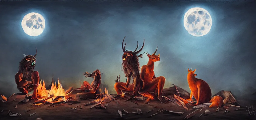 Image similar to strange mythical beasts of sitting around a fire under a full moon, surreal dark uncanny painting by ronny khalil