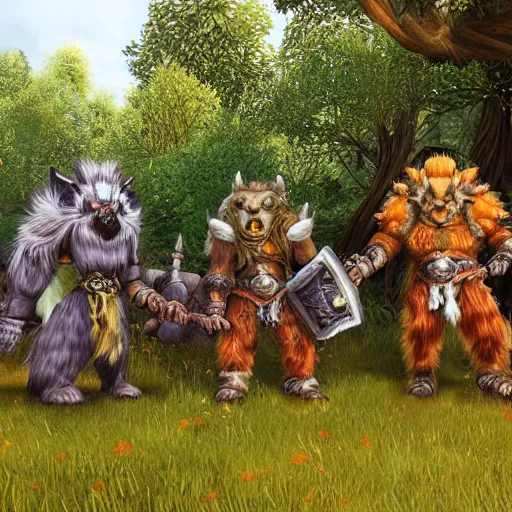 Image similar to A pack of world of warcraft feral druids roaming the british countryside