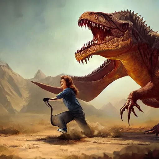 Image similar to betty white riding a tyrannosaurus rex hyper realistic greg rutkowski