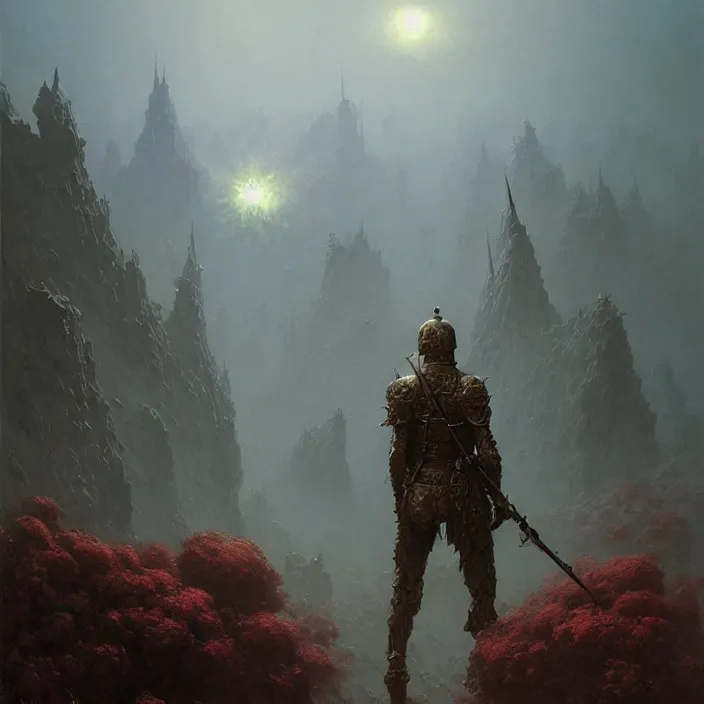 Image similar to 4k fantasy soldier ,art by zdzisław Beksiński, art by greg rutkowski, art by craig mullins, art by thomas kincade, art by Yoshitaka Amano