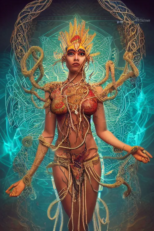 Image similar to an immaculate render of a dancing aztek goddess adorned with leaves and cables and bird wings parts, dancing in a temple surrounded by wild tentacles made from mandalas and incense smoke, full body, perfect face, powerful, cinematic, beautifully lit, by artgerm, by karol bak, 3 d, trending on artstation, octane render, 8 k