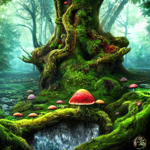 Prompt: ancient forest, fantasy creatures, moss landscape, lush, mushrooms, stones, mysterious, rainbow, intricate, hyper detailed, artstation, concept art, smooth, sharp focus, ray tracing, vibrant, photorealistic, albert bierstadt