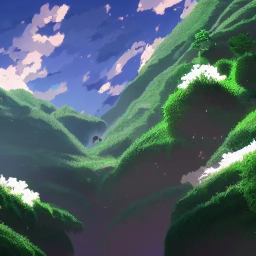 Image similar to green hills from an anime movie in the style of Surendra Rajawat on ArtStation, 4k,