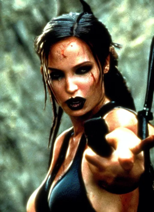 Image similar to candid photo of lara croft as a gothic vampire in the movie the lost boys