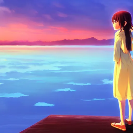 Prompt: anime girl standing on the lake with clouds under the sunset, by rhads and makoto shinkai and mai yoneyama, 4 k hd anime wallpaper, high detail