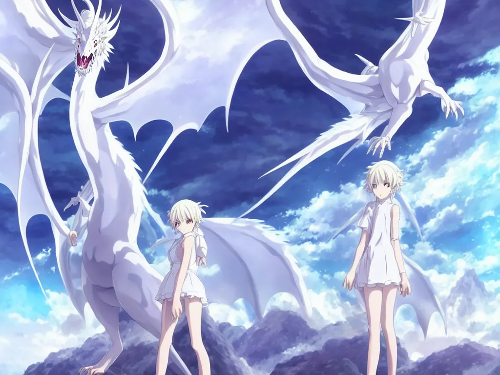 Image similar to anime art full body portrait character concept art, be surrounded by a huge silver white dragon center, in white clouds fairyland, anime key visual of white dragon and girl, finely detailed perfect face delicate, raphael lacoste, trending on pixiv fanbox, james jean, violet evergarden, studio ghibli, xision, extremely high quality artwork