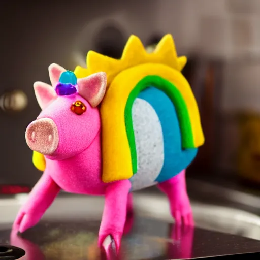 Prompt: rainbow pig wearing a gold crown as a Muppet cooking on stove 8k