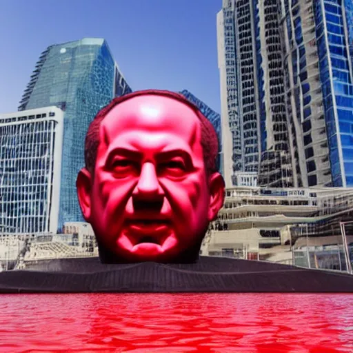 Image similar to a giant benjamin netanyahu sculpture made out of juicy red jelly, in the sea, long shot, hyper detailed, hyper realistic, ray tracing, 8 k resolution, sharp focus, realistic water, award winning