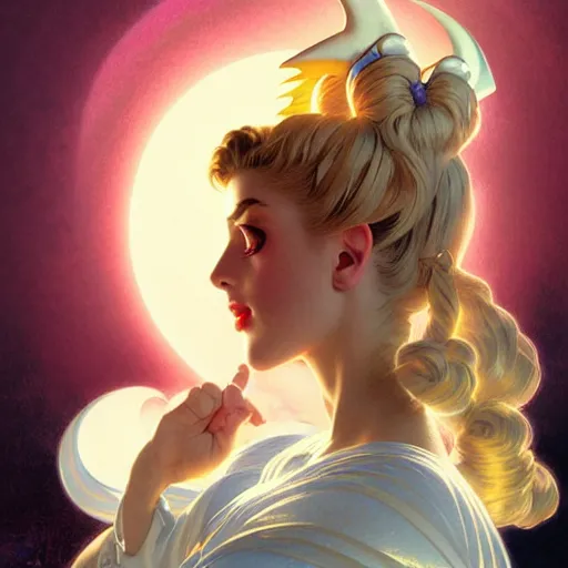 Image similar to Masterpiece Portrait of Sailor Moon, dark fantasy, medium shot, intricate, elegant, highly detailed, digital painting, volumetric light, artstation, concept art, smooth, sharp focus, illustration, art by Gil Elvgren and Greg Rutkowski and Alphonse Mucha