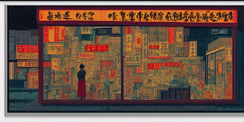 Image similar to a shop window in hong kong, by dan mumford and peter doig and edward hopper, minimal, black in, thick lines highly detailed, muted colours, overlaid with chinese adverts, 8 k