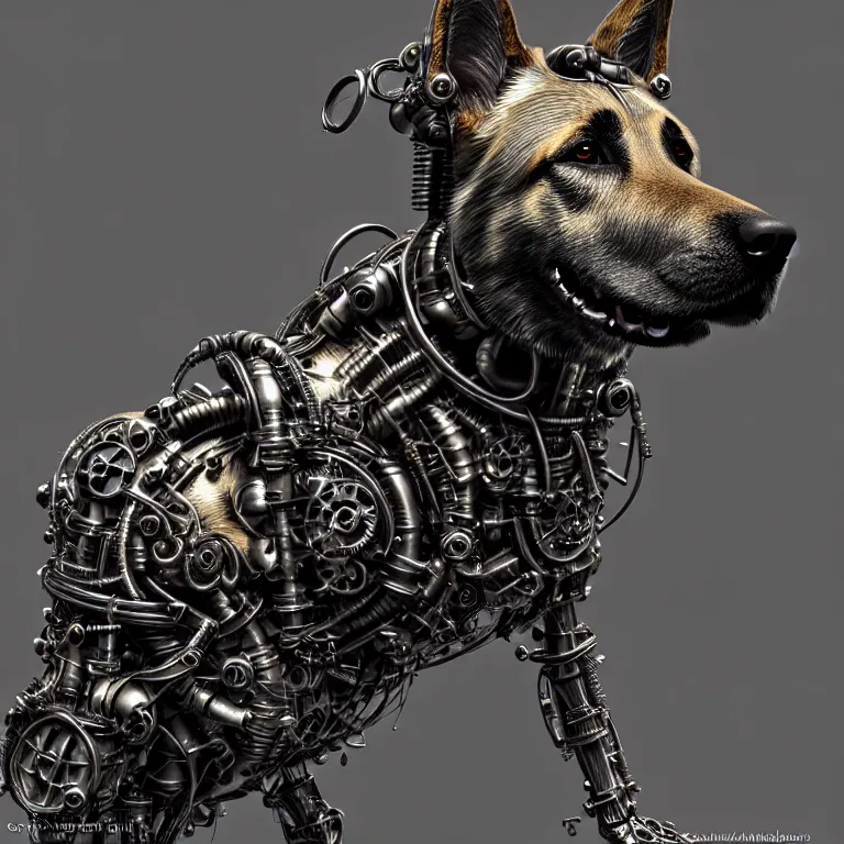 Image similar to steampunk cybernetic biomechanical german shepard dog, 3 d model, very coherent symmetrical artwork, unreal engine realistic render, 8 k, micro detail, intricate, elegant, highly detailed, centered, digital painting, artstation, smooth, sharp focus, illustration, artgerm, tomasz alen kopera, wlop