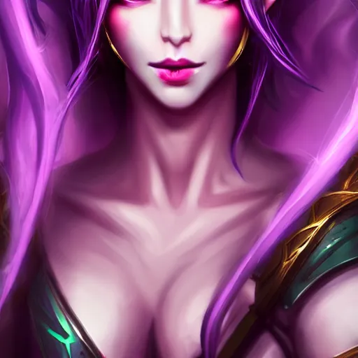 Image similar to portrait of a female high elf with magenta eyes and dark hair, in the style of league of legends digital art trending on art station 8 k