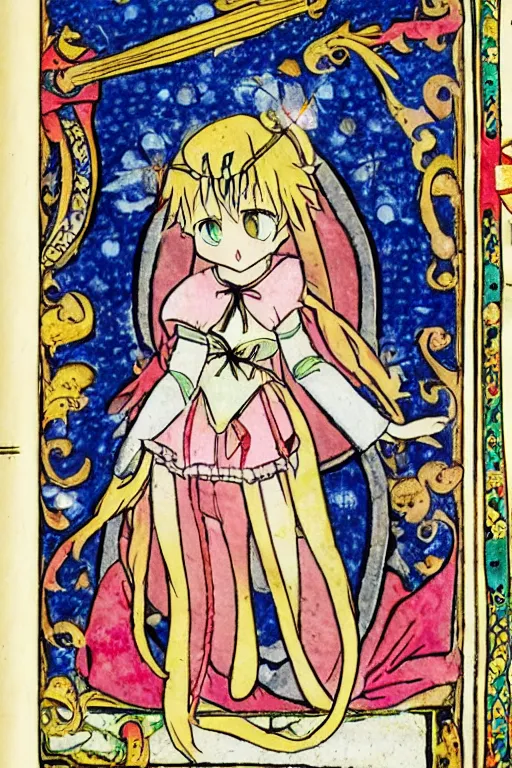 Image similar to magical girl anime madoka magika depicted in a medieval illuminated manuscript bible