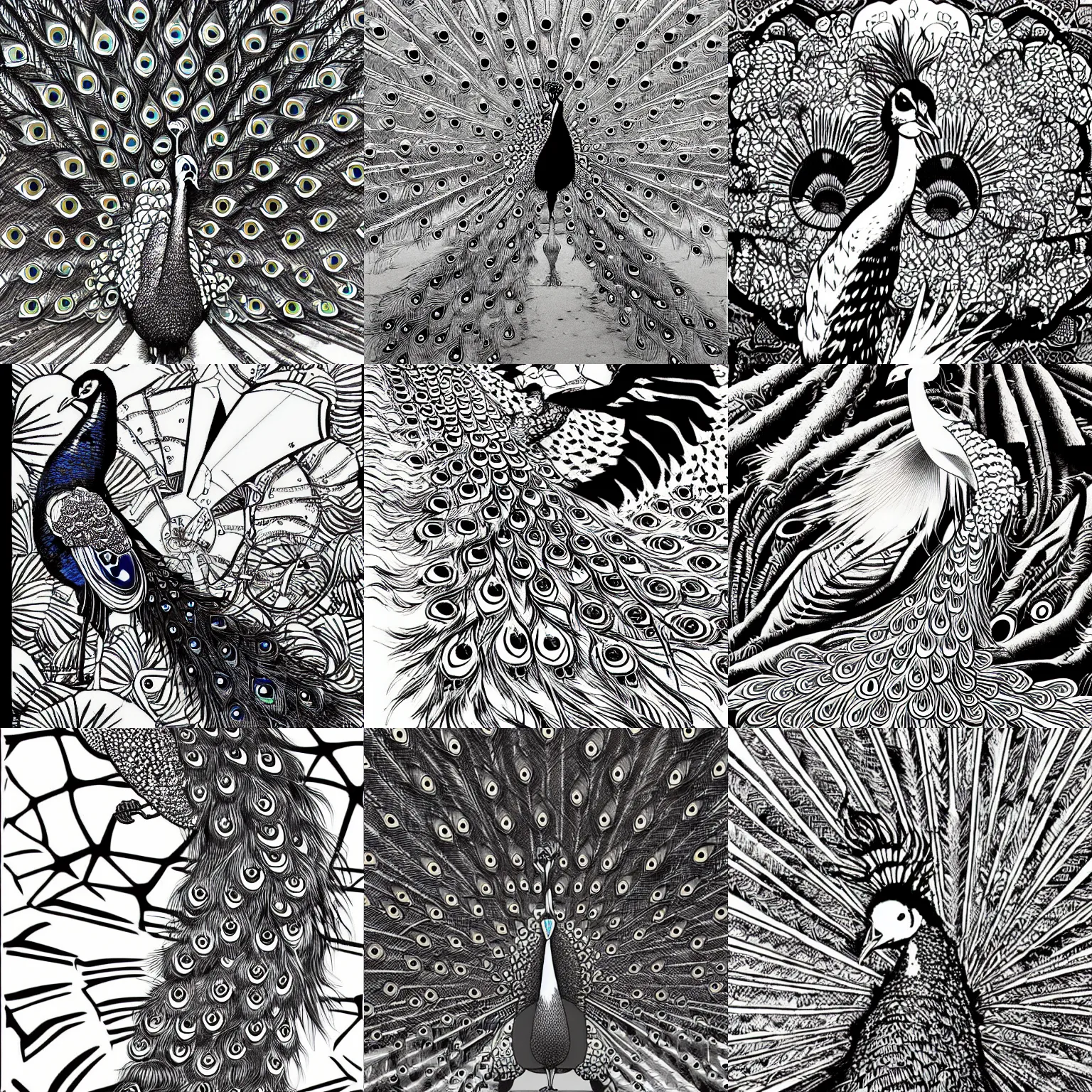 Prompt: peacock in the desert, katsuhiro otomo, shohei otomo, anime, highly detailed, black and white illustration, akira style, realistic shaded