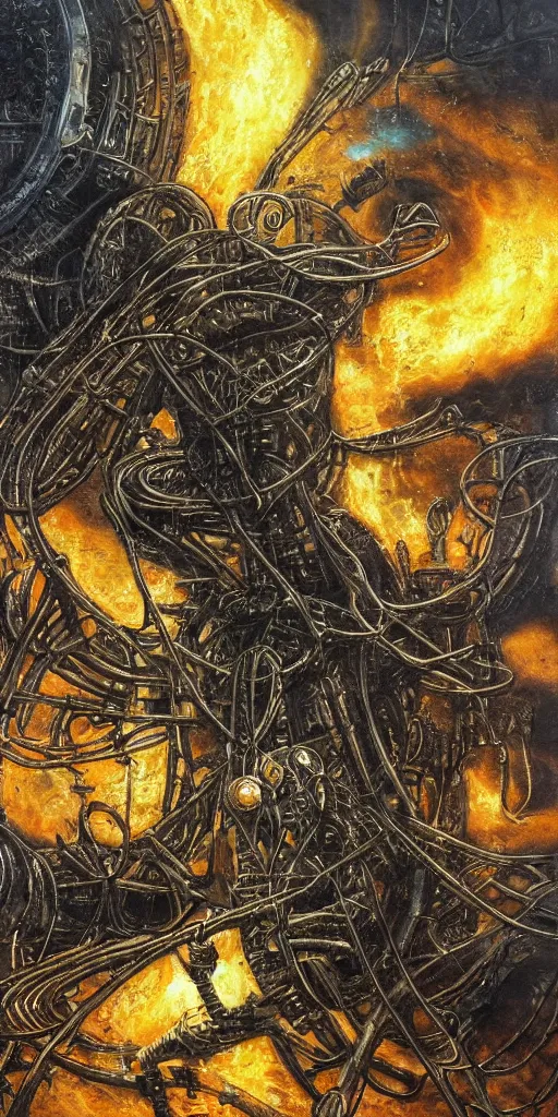 Image similar to great bitcoin crash, single rusted bitcoin, apocalyptic famine poverty and war, planet burning due to mining, h. r. giger, dark fantasy painting featured artstation