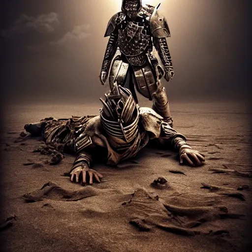 Prompt: the king in the desert dead on the ground, blood on sand, fighting in a dark scene, detailed scene, killed in war, Armour and fallen Crown, highly detailed, blood and dust in the air, action scene, cinematic lighting, dramatic lighting, trending on artstation, elegant, intricate, character design, motion and action and tragedy, fantasy, D&D, highly detailed, digital painting, concept art