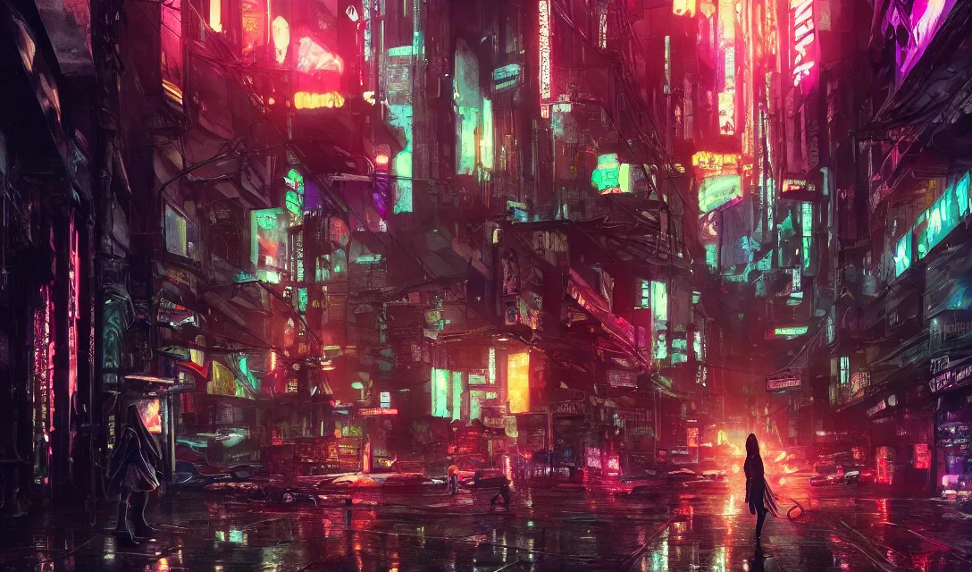 Image similar to a girl and a cat walk near the crowded street of a cyberpunk city, rain, harsh neon lights, highly detailed, digital painting, trending on artstation, concept art, sharp focus, illustration, art by artgerm and greg rutkowski and magali villeneuve