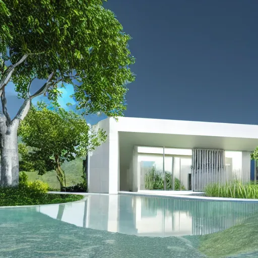 Image similar to evolving fractal, flowing white architectural Villa, futuristic 3D vorono pattern, clay, perforated, lush botanical trees, prairie landscaping, sunrise ,illuminated pool, fluffy clouds