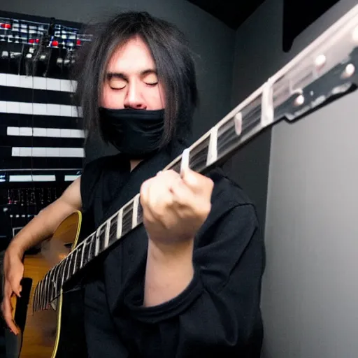 Image similar to photo of a drunk ninja in a music studio