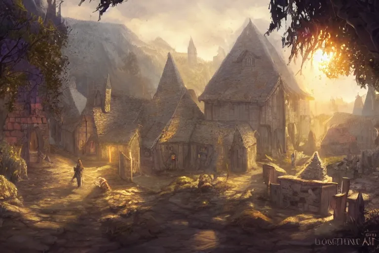 Image similar to A small medieval village, fantasy, D&D, concept art, sharp focus, trending on artstation, digital painting, midday, sunny, beautiful, texture, wizards of the coast, tabletop, roleplay
