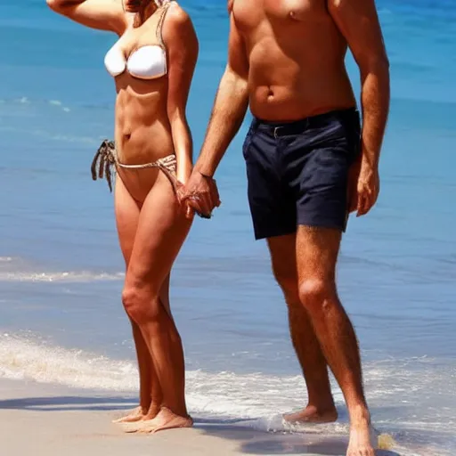 Prompt: photo of a 3 3 year old man that looks young for his age dating a very attractive 5 5 year old woman wearing a bikini.