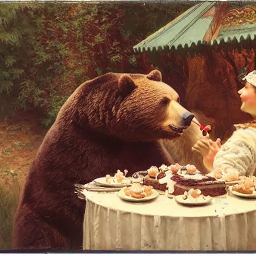 Image similar to polaroid photo of a bear eating cake at his 7 0's birthday at a zoo, highly detailed painting by gaston bussiere, craig mullins, j. c. leyendecker