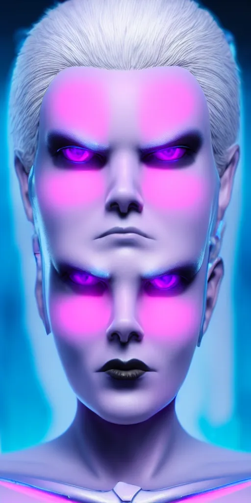 Image similar to matte painting close-up high quality render of gothic cyborg woman with white hair and pearlescent blue skin key sage wayne barlowe very soft pink neon lighting on one side wide angle 35mm shallow depth of field 8k