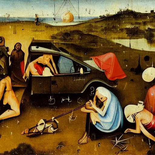 Image similar to alchemist camp in the outback with crashed car, hieronymus bosch