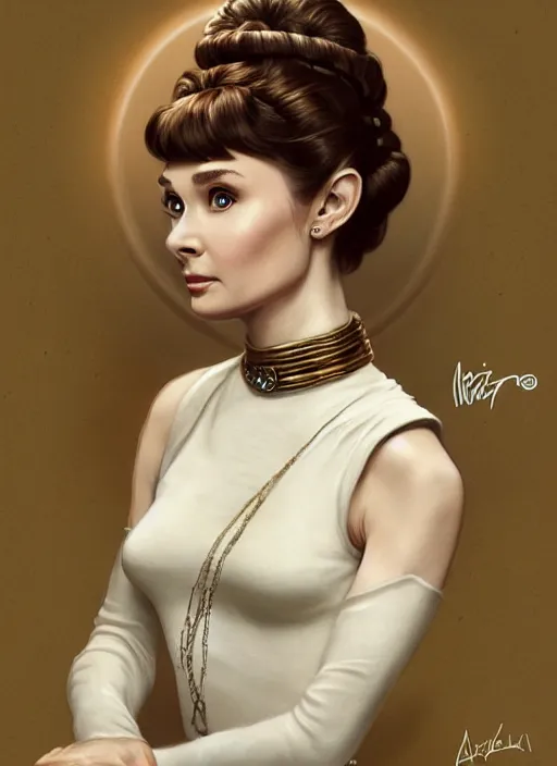 Prompt: Audrey Hepburn as Princess Leia, fantasy, intricate, elegant, highly detailed, digital painting, artstation, concept art, smooth, sharp focus, illustration, art by artgerm and greg rutkowski and alphonse mucha