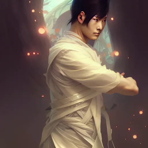 Image similar to ultra realistic illustration, a japanese male digital ghost ninja, intricate, elegant, highly detailed, digital painting, artstation, concept art, smooth, sharp focus, illustration, art by artgerm and greg rutkowski and alphonse mucha