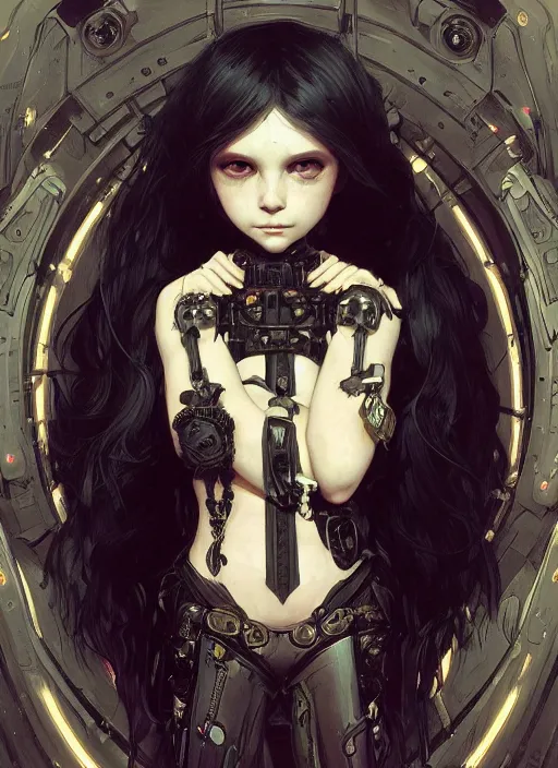 Image similar to portrait of cute little gothic girl child, warhammer 40000, cyberpunk, intricate, elegant, highly detailed, digital painting, artstation, concept art, smooth, sharp focus, illustration, art by artgerm and greg rutkowski and alphonse mucha and Gustav Klimt