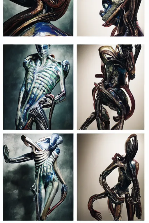 Image similar to instax still frame of Faceless Void from Alien and Prometheus by Guo Jian and Yue Minjun featured in Vogue editorial fashion photography, haute couture dressed by Givenchy and Salvatore Ferragamo painted by Andrea Pozzo, in lush metal and porcelain by