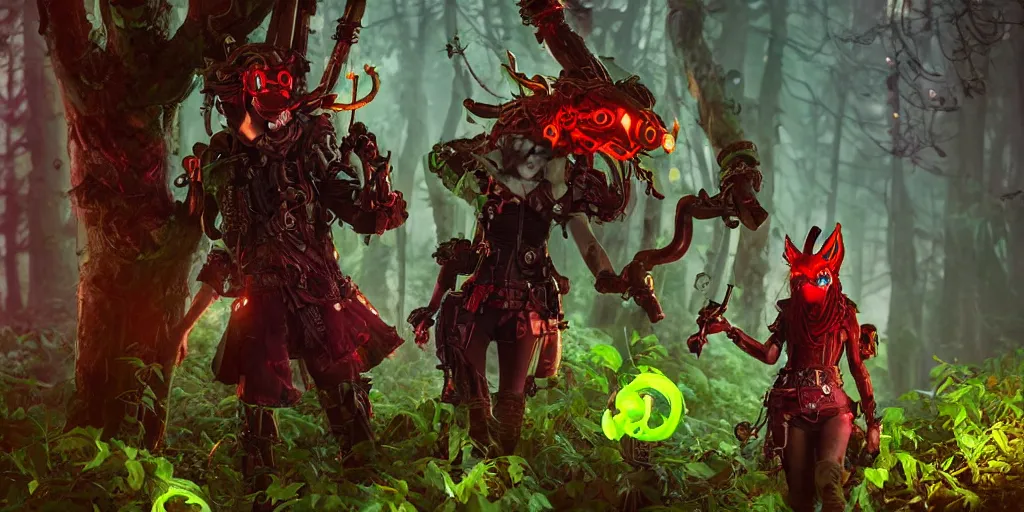 Image similar to red ridding hood and gamemaster unit hunting for mystical forest monster and wearing a steampunk and neonpunk mechanical fluorescent mystical animal mask. realism fornite style. full body, product introduction photos. luminescent, elements, by tooth wu and wlop and beeple and greg rutkowski, epic cinematic shot, perfectly defined features, ambient occlusion