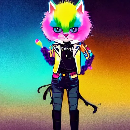 Image similar to wide angle full body, jacket wearing fluffy cute rainbow kitten wearing a black leather motorcycle jacket, cinematic concept art