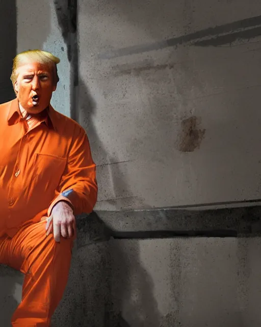 Prompt: a headshot portrait of Donald trump wearing a orange jumpsuit, sitting on the floor of a filthy rat infested concrete jail, dimly lit, volumetric lighting, in jail by craig mullins and Annie Leibowitz, octane, 8k,