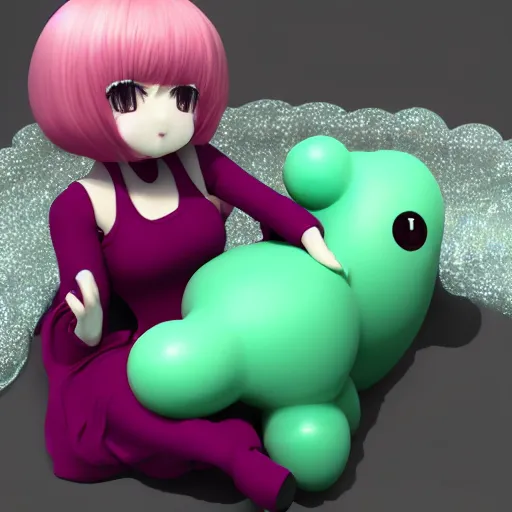 Prompt: cute fumo plush of a blob googirl, chibi monster girl, long dress, stylized shiny reflective refractive transparent liquid melty bubblegum pbr gel material, vray