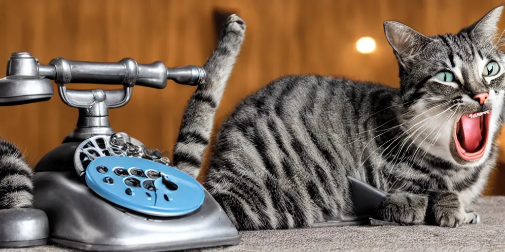 Image similar to photo of a cat laughing wide and hilariously into an old rotary phone that it is holding with its paw to its face. interior home office, at computer deist and keyboard and monitor, tec - supportt, it help, frustration, spilling coffee everywhere