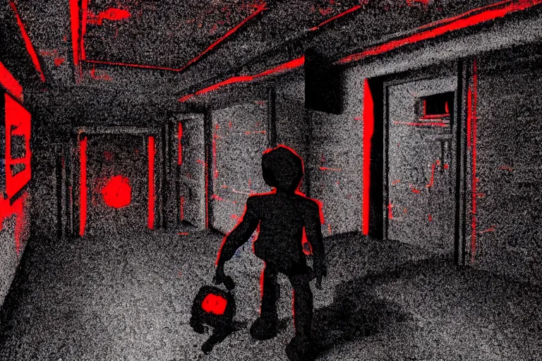 Image similar to cctv footage of an extremely dark empty room with evil horror humanoid cryptid monster made out of static, dark deep black shadows, crimson red and black color contrast in the style of trevor henderson and james ensor goya, liminal space, 3 d render, glitch effect