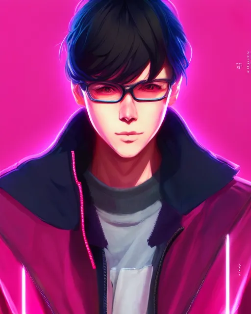 Image similar to portrait of a male, street clothes, cyberpunk, slight pink lights, face like ester exposito, blonde shinkai makoto studio ghibli studio key hideaki anno sakimichan stanley artgerm lau rossdraws james jean marc simonetti elegant highly detailed digital painting artstation pixiv